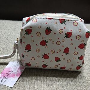Strawberry Print Vegan Leather Wristlet